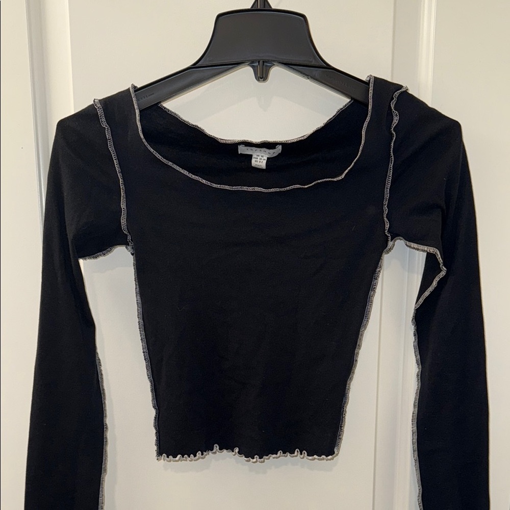 TOPSHOP-Navy Long Sleeve Lettuce Trim